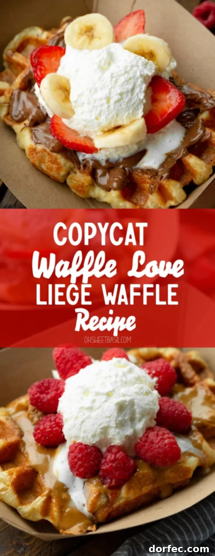 A photo of a large rectangular golden waffle topped with Biscoff cookie butter, whipped cream, and fresh raspberries. A heavenly Liege waffle.