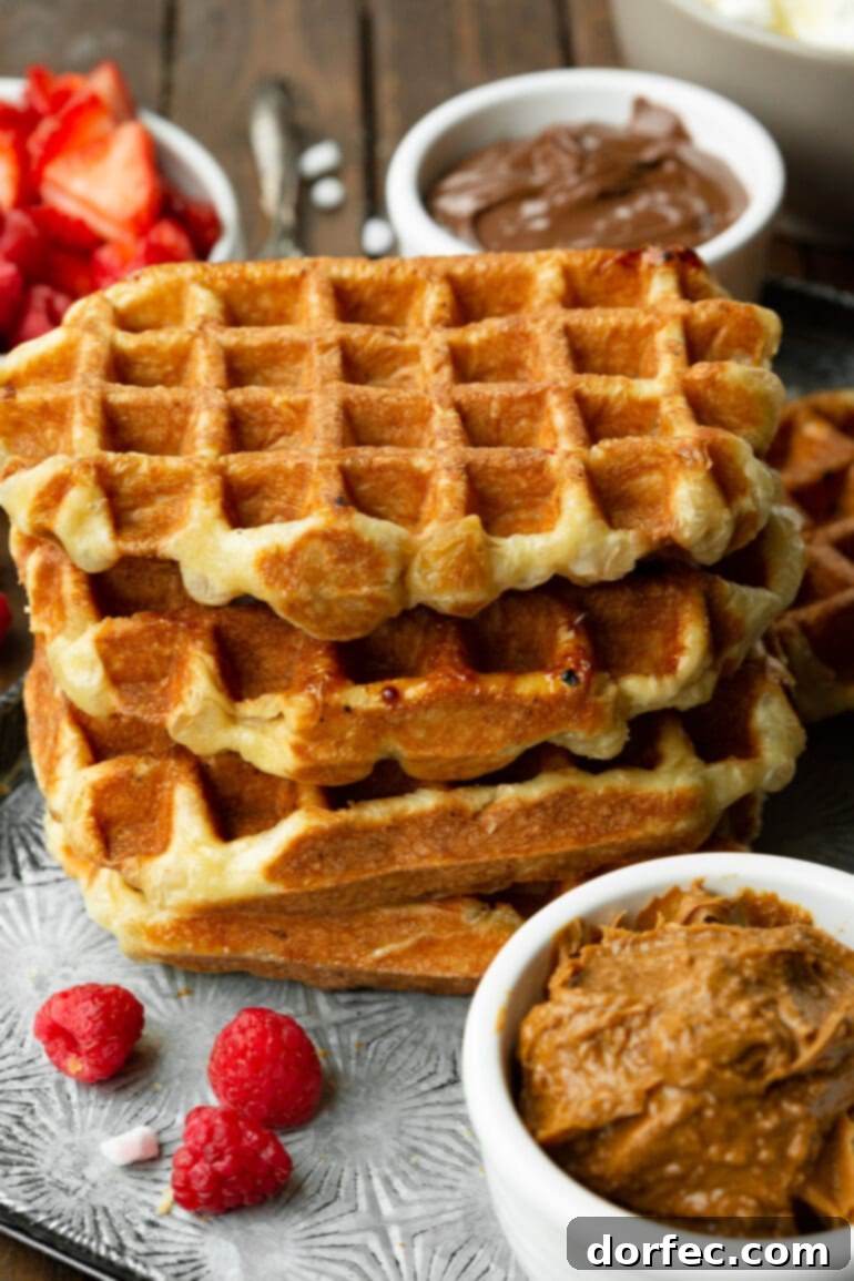 A photo of a stack of cooked golden Liege waffles with a cup of Biscoff and a cup of Nutella sitting next to the stack, ready for toppings.