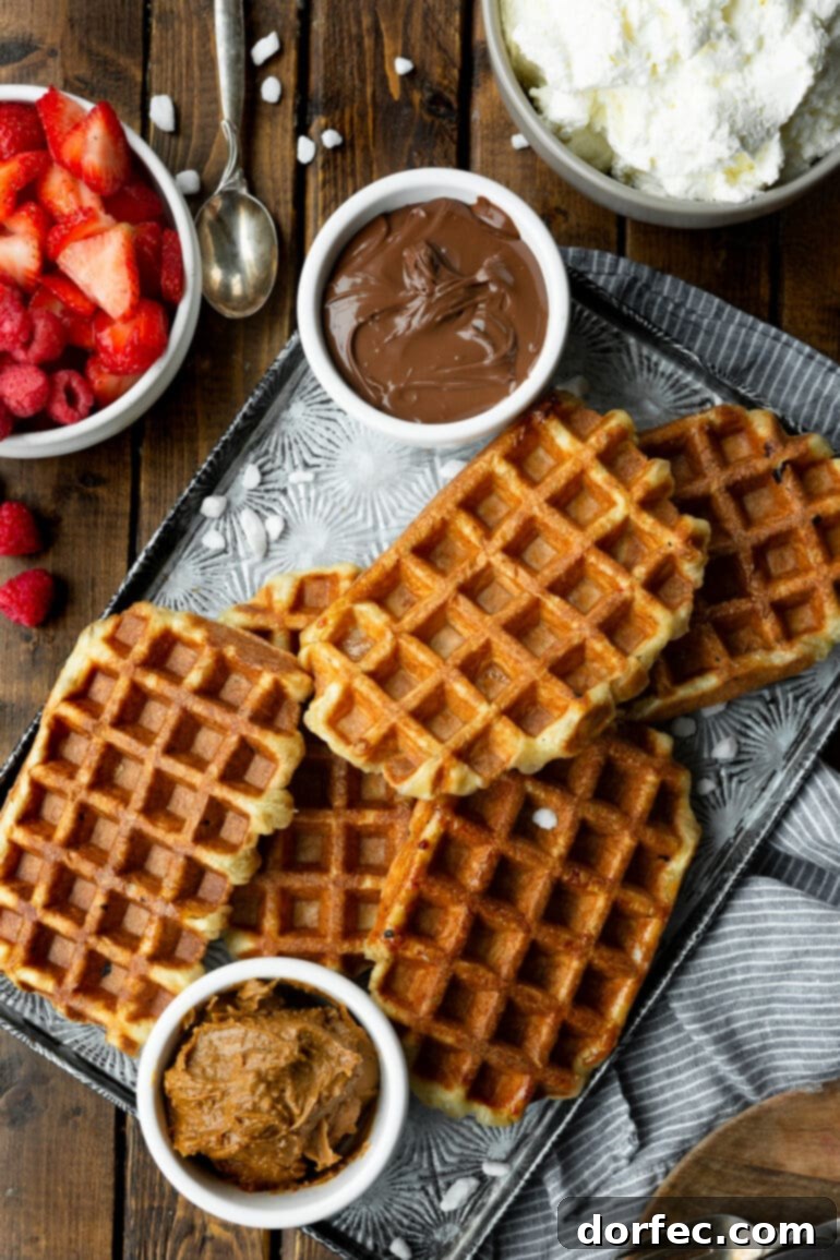 A photo of several golden cooked Liege waffles piled on a baking sheet with pearl sugar scattered around them, and small bowls of Nutella and Biscoff sitting next to them, ready for serving.