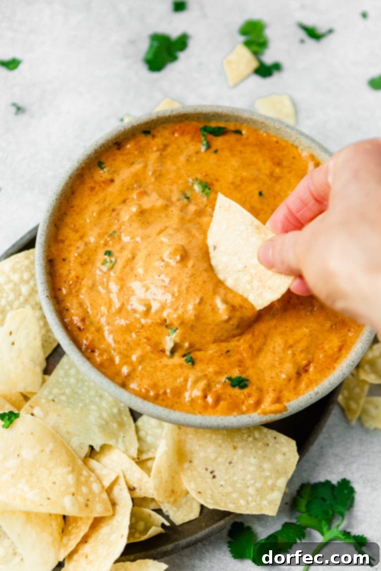 A bowl of rich Chili Con Queso Dip with a tortilla chip being dipped into the warm, cheesy goodness, surrounded by more chips.