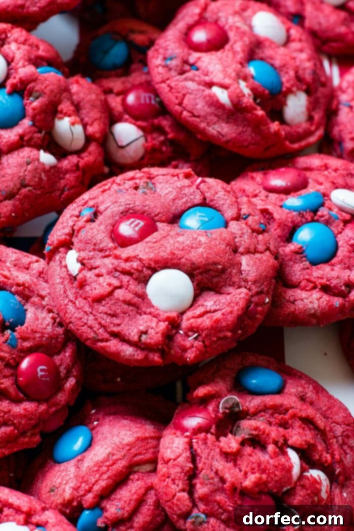 Delicious Red, White, and Blue Red Velvet Cookies, adorned with patriotic colors, making a sweet statement for any celebration.
