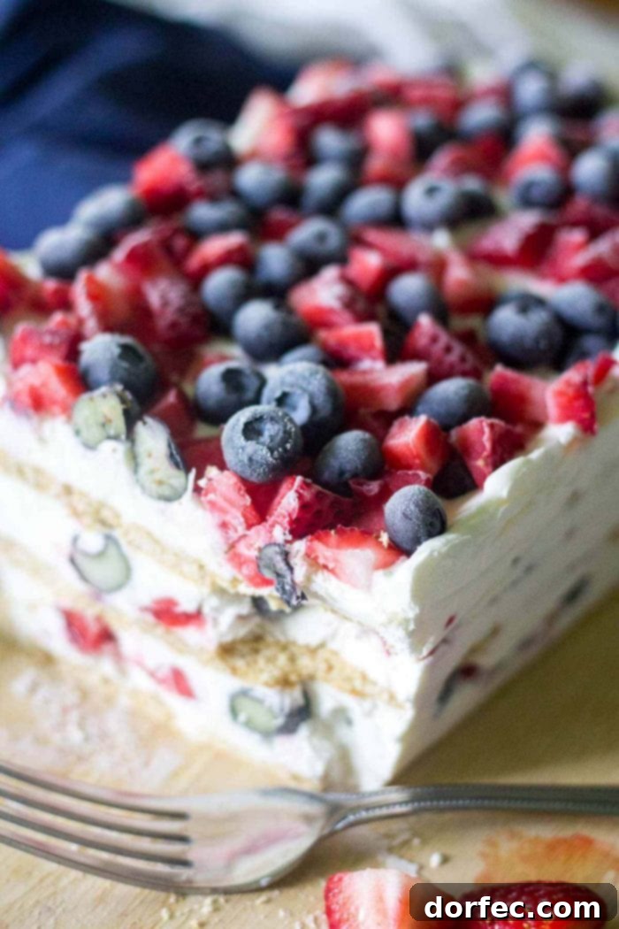 A stunning Red, White, and Blue Icebox Cake, a festive layered dessert perfect for summer celebrations and Olympic parties.