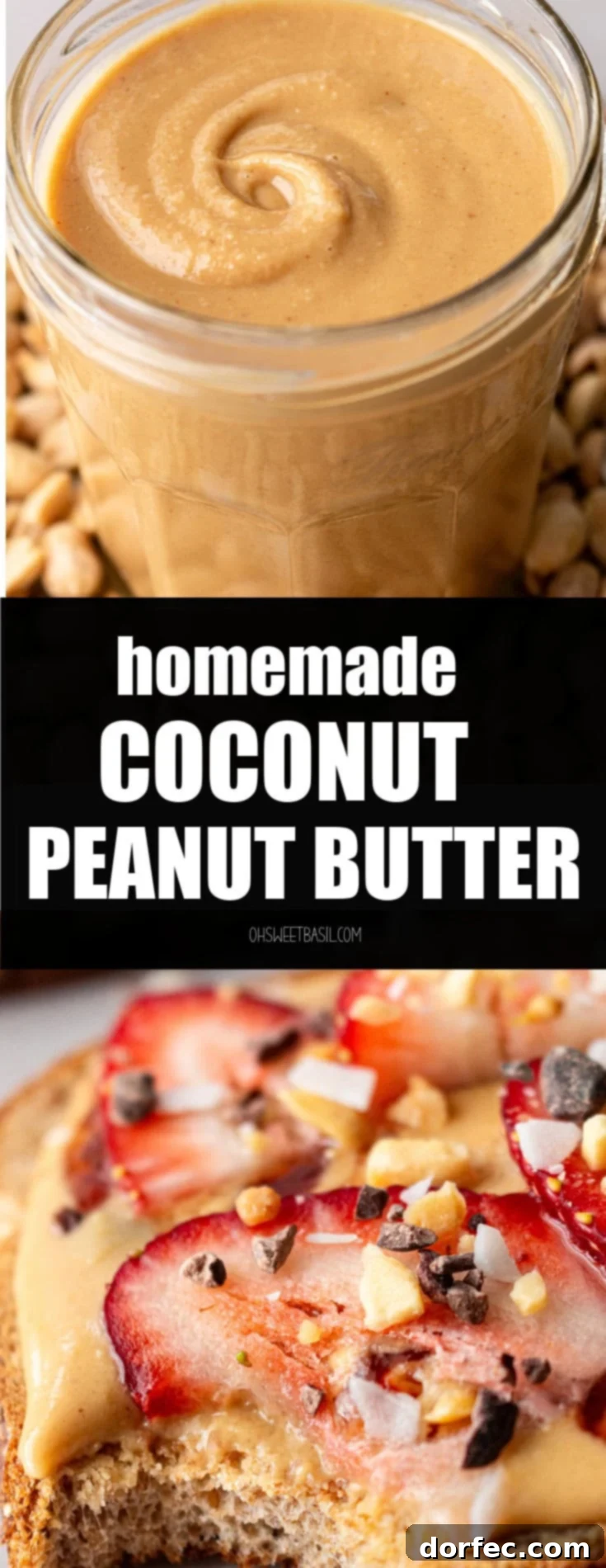 A glass jar filled with creamy homemade coconut peanut butter, highlighting its rich texture and tropical appeal.