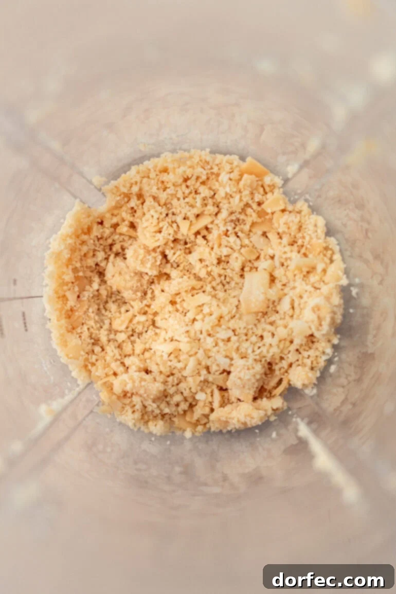 Close-up of toasted coconut chips in a blender, ready for processing.