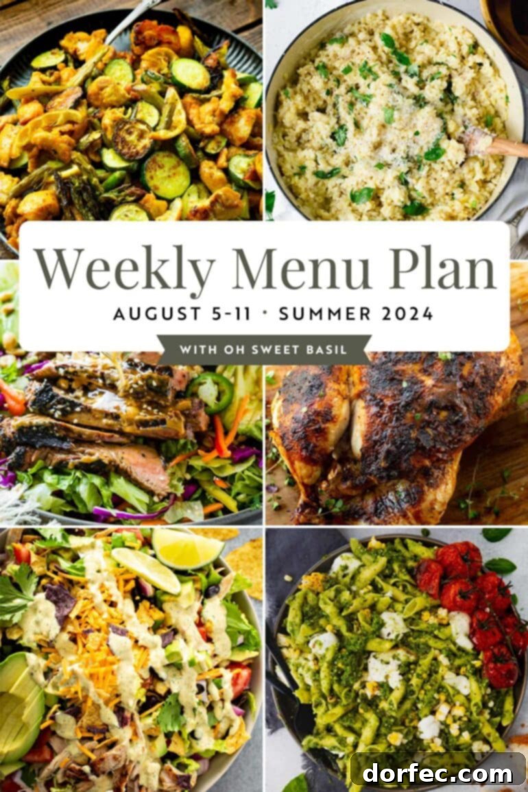 A vibrant graphic depicting a weekly menu plan featuring six tempting main dishes, including chicken, steak, and salmon, perfect for family dinners.