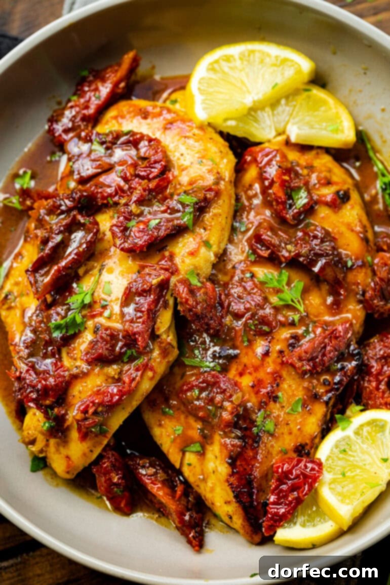 A close-up shot of perfectly cooked Citrus Greek Chicken, glistening with a vibrant marinade, possibly garnished with fresh herbs, showcasing its appetizing appeal.