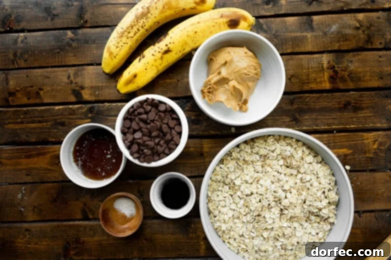 A vibrant flat lay photo displaying all the fresh, wholesome ingredients required for baking peanut butter breakfast cookies, including perfectly ripe bananas, creamy peanut butter, whole grain oats, a scattering of chocolate chips, and a pinch of salt.