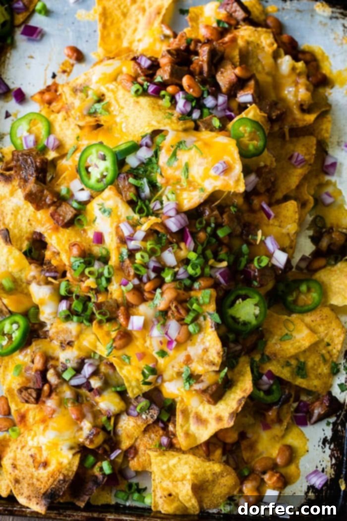 A photo of bbq brisket nachos with melted cheese all over the top and sliced jalapenos, diced red onion and fresh chopped cilantro.