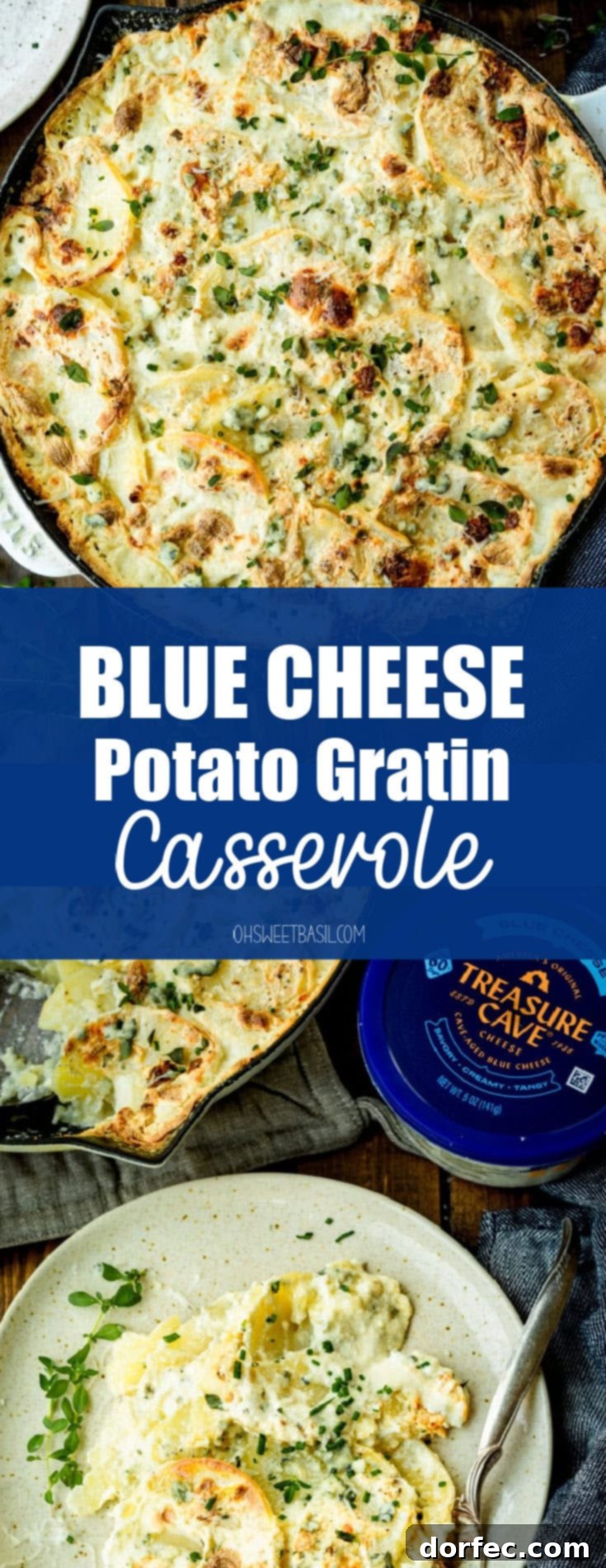 A large skillet filled with creamy blue cheese potato casserole topped with fresh thyme, with a container of Treasure Cave blue cheese on the side, highlighting its irresistible appeal.