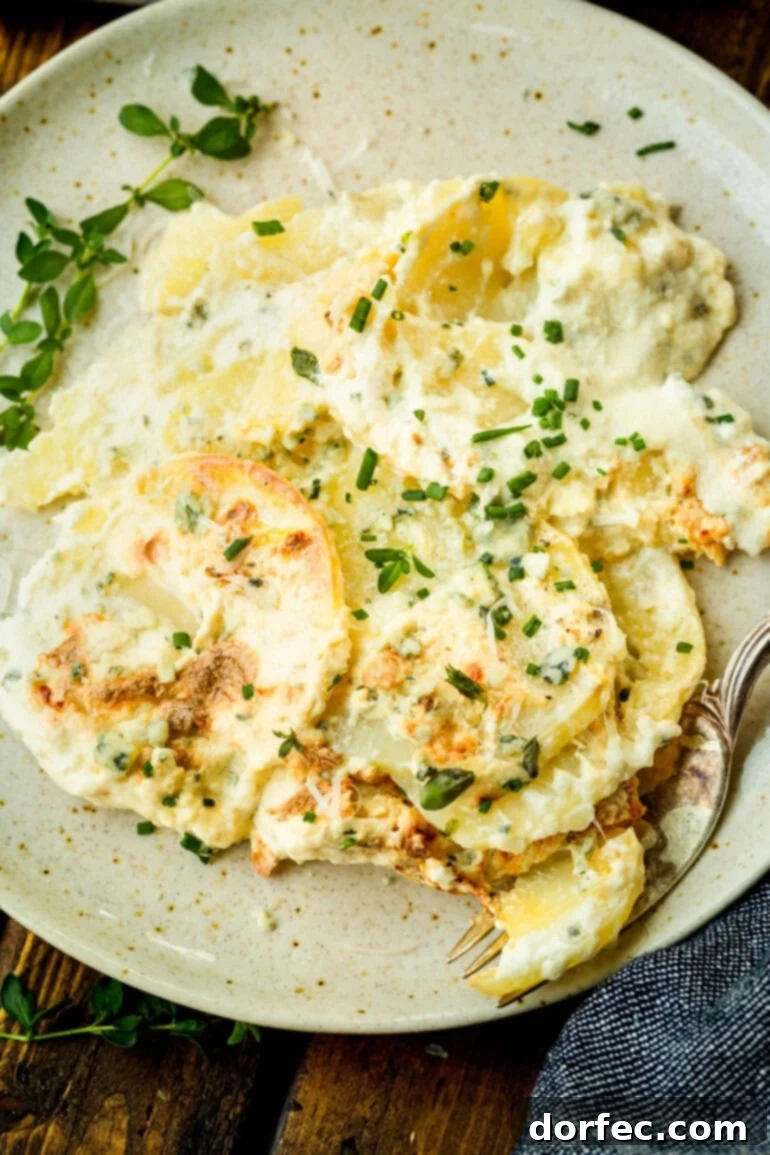 A single serving of creamy blue cheese potato gratin, artfully plated on a dinner dish, showcasing the golden-brown crust and rich, tender potato layers, inviting diners to indulge in its comforting deliciousness.