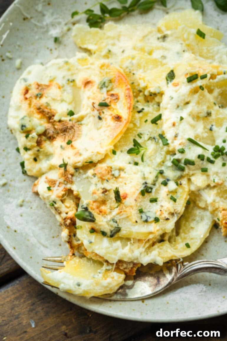 A close-up of a single serving of creamy, cheesy, thinly sliced potatoes au gratin, elegantly topped with fresh green herbs, highlighting the rich texture and inviting aroma of the dish.