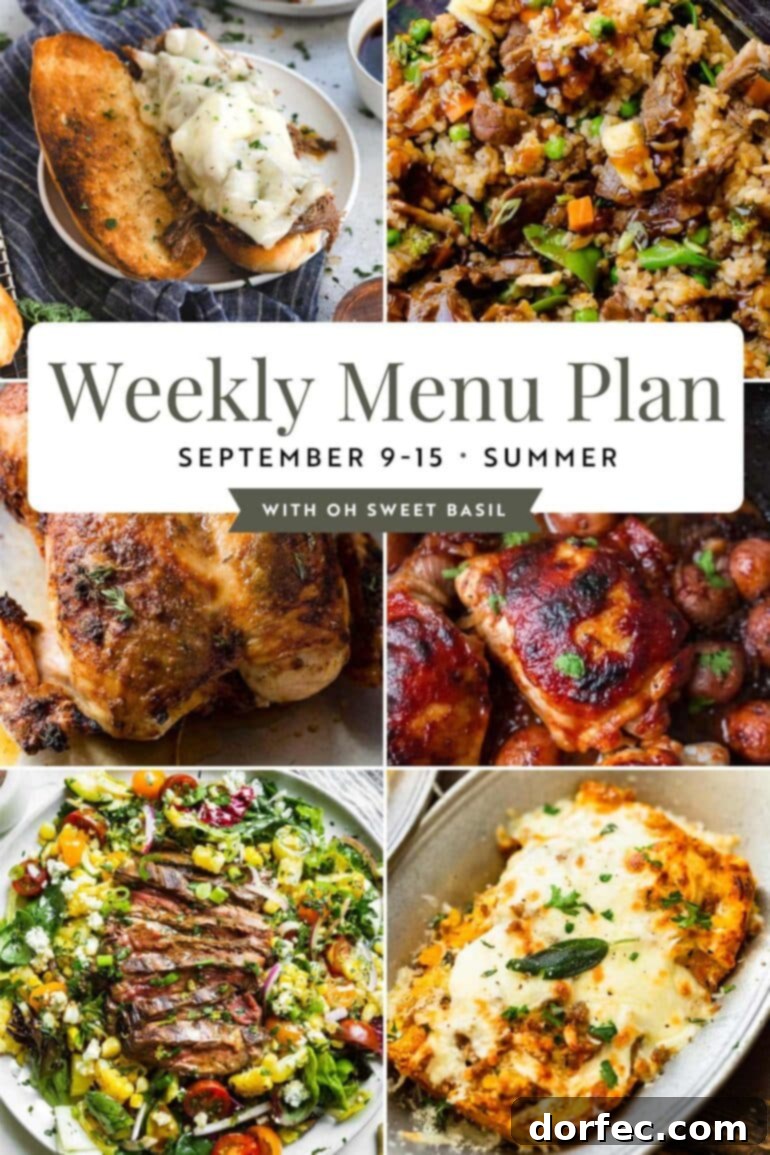 This Week's Meal Plan: September 9-15 2 A diverse graphic featuring six appetizing main dishes, showcasing a variety of quick and healthy family dinner ideas for a weekly meal plan, ideal for busy schedules during fall activities.