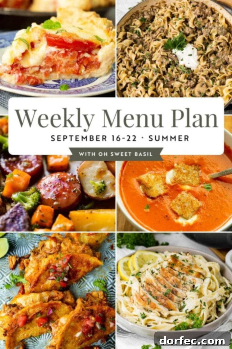 Weekly Meal Plan - September 16-22 2 A vibrant graphic showcasing six diverse main dish options for a comprehensive weekly menu plan, emphasizing fresh, seasonal ingredients including rich garden tomatoes and a comforting soup.