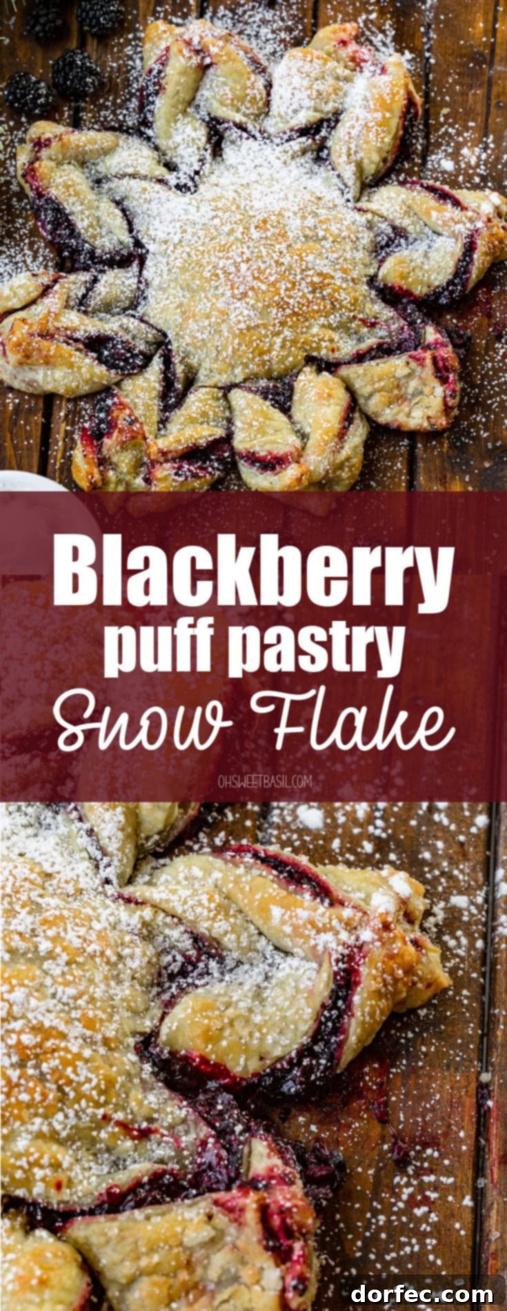An overhead shot of a glistening golden-baked Blackberry Puff Pastry Snowflake, liberally dusted with powdered sugar, awaiting its moment to shine.