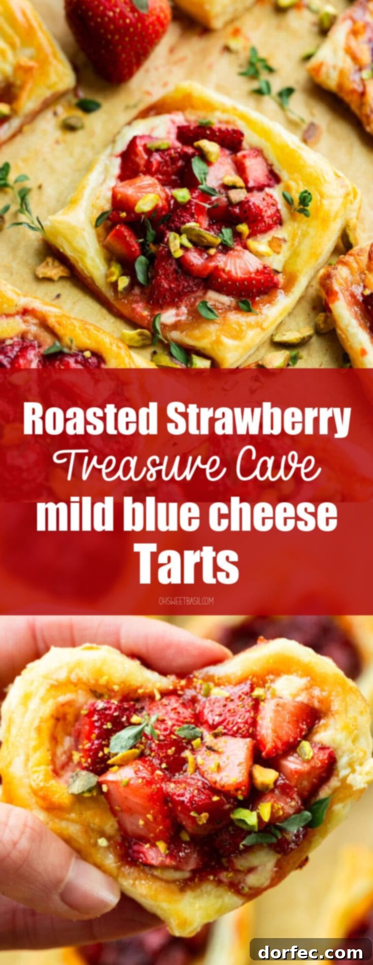 Simple Roasted Strawberry Blue Cheese Tartlets 9 Someone holding a beautifully crafted golden puff pastry tart, generously topped with glistening roasted strawberries, creamy blue cheese, and chopped pistachios.