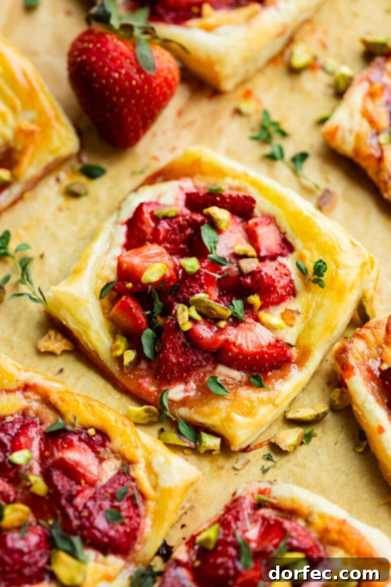 Simple Roasted Strawberry Blue Cheese Tartlets 3 Close-up of a golden-brown puff pastry tart, generously topped with glistening roasted strawberries, creamy blue cheese, and a sprinkle of chopped pistachios.