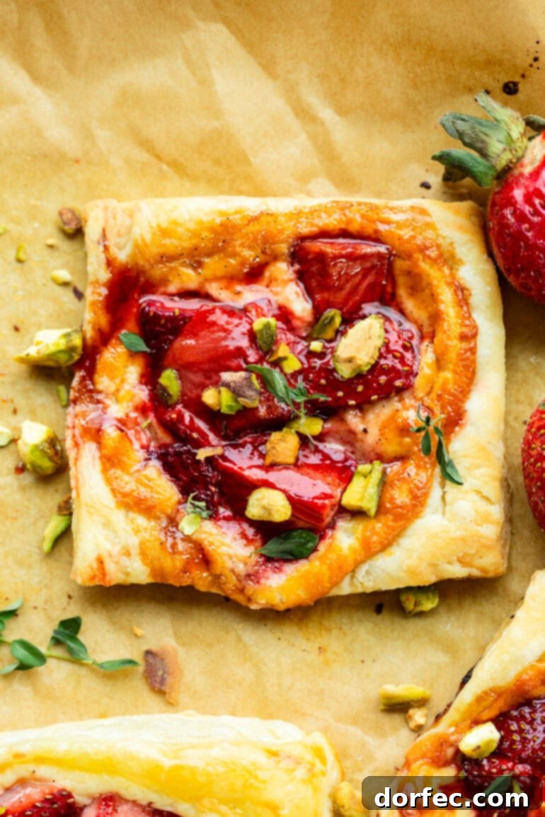 Simple Roasted Strawberry Blue Cheese Tartlets 7 A stunning close-up of a golden-baked puff pastry tart, lavishly adorned with roasted strawberries, creamy blue cheese, and a garnish of vibrant green pistachios.