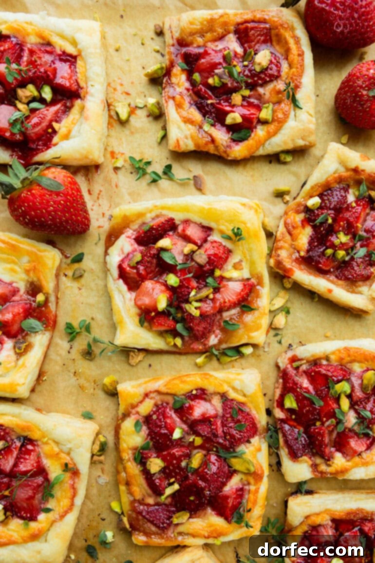 Simple Roasted Strawberry Blue Cheese Tartlets 8 A beautiful arrangement of several golden puff pastry tarts, generously topped with roasted strawberries, chopped pistachios, and a drizzle of blue cheese.