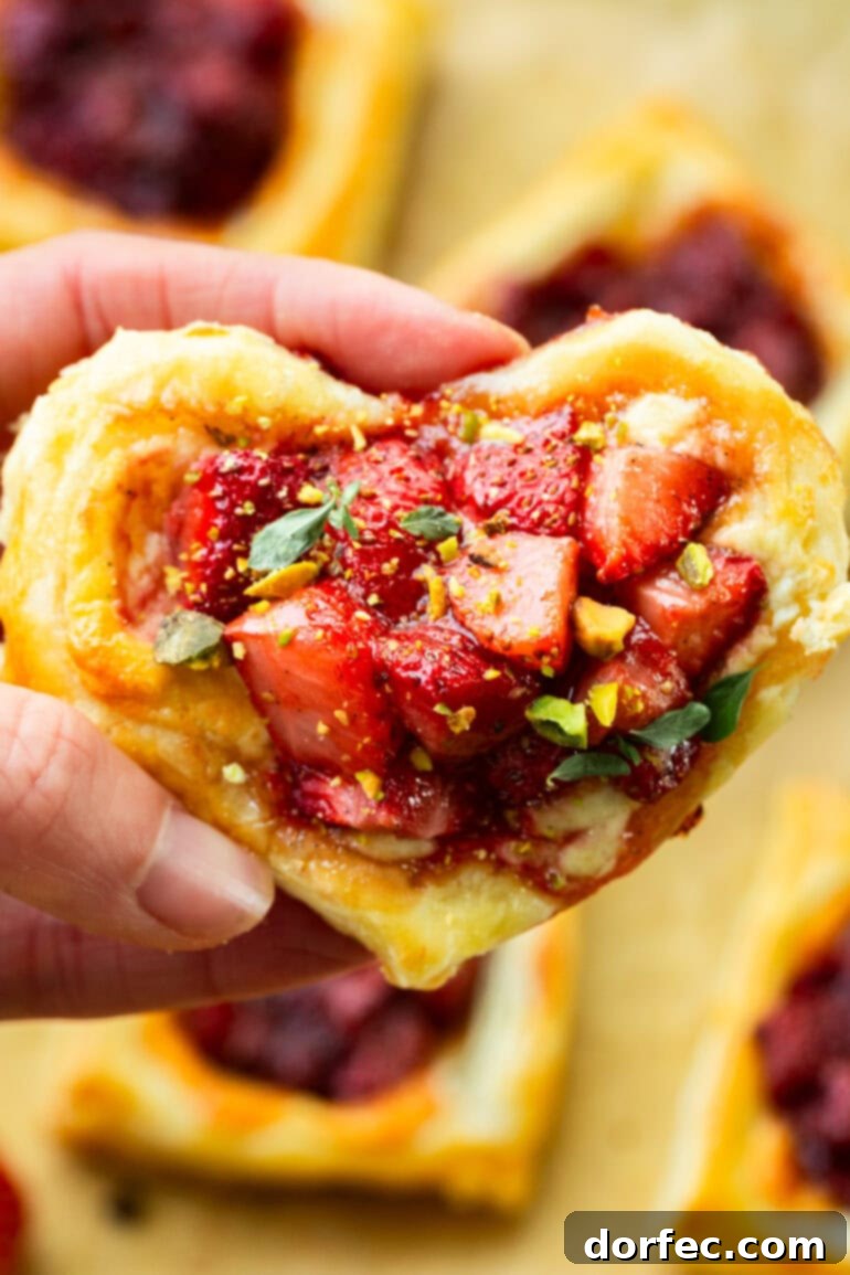 Simple Roasted Strawberry Blue Cheese Tartlets 6 Someone holding a perfectly baked roasted strawberry blue cheese tart, showcasing the crisp pastry and vibrant filling.