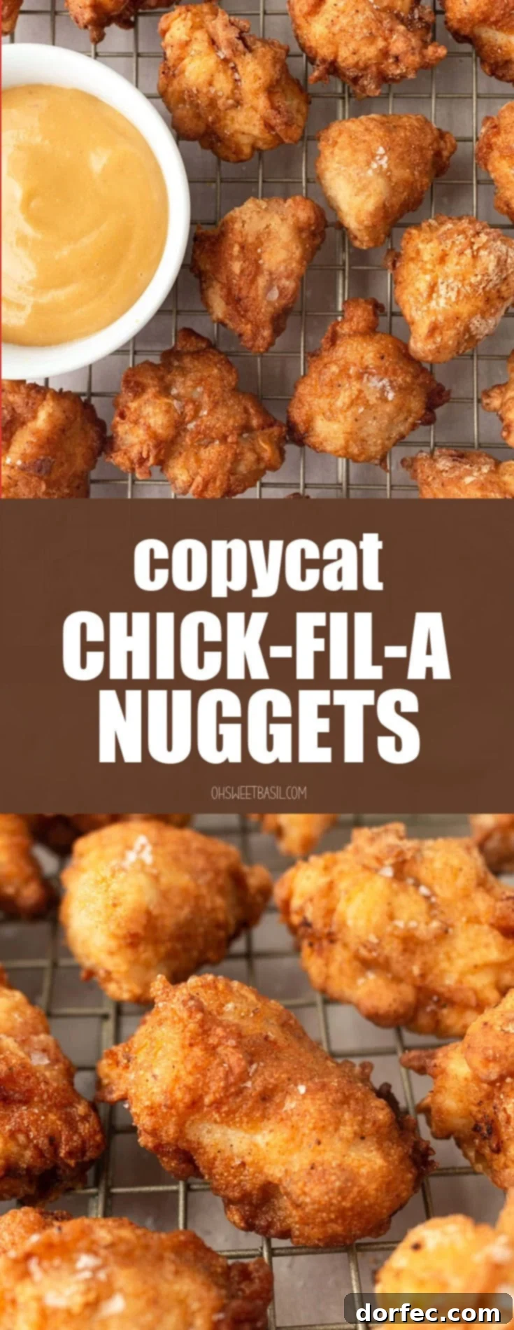 A vibrant, close-up image of several freshly deep-fried, golden-brown chicken nuggets arranged on a wire cooling rack, perfect for inspiring home cooks to recreate the famous Chick-fil-A taste.