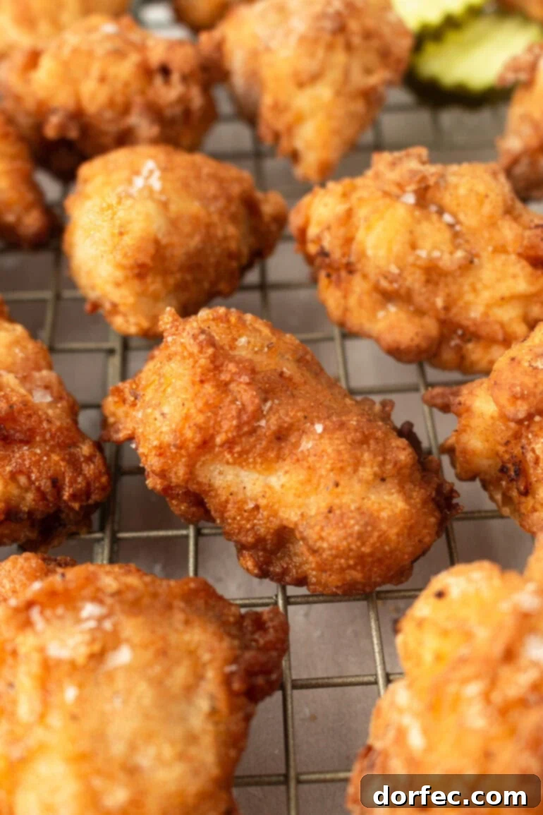 A visually appealing photo showing several golden-brown, crispy chicken nuggets freshly removed from the fryer, sitting on a wire cooling rack, highlighting their perfectly crunchy texture.