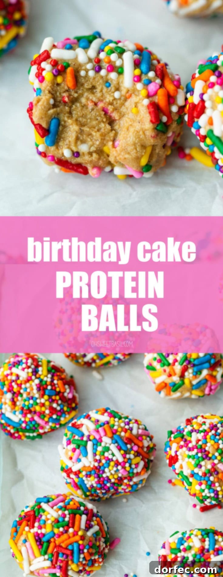 A high-quality photo of someone holding a single birthday cake protein ball, vibrant with rainbow sprinkles, with a bite taken out to reveal its inviting texture.