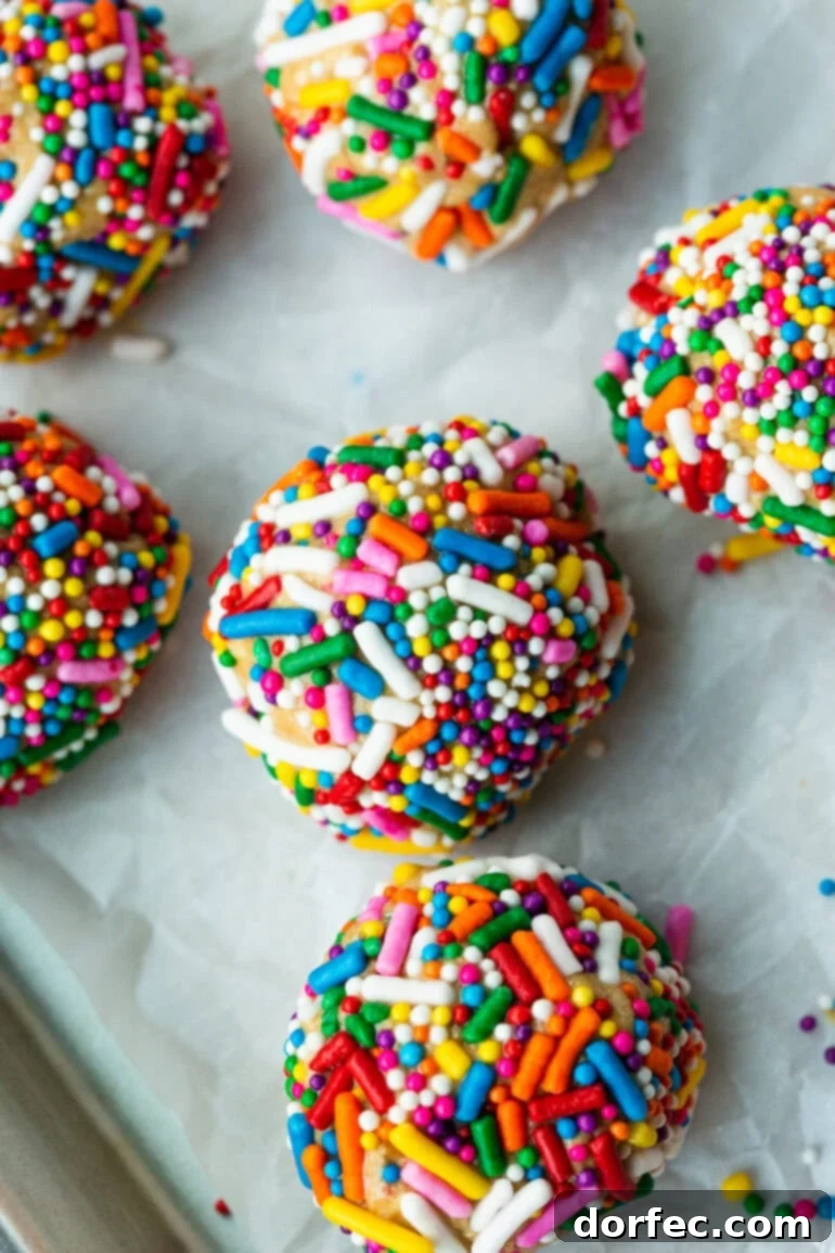 A stylish shot of several protein balls, coated in colorful rainbow sprinkles, artfully arranged on a pristine white serving tray.