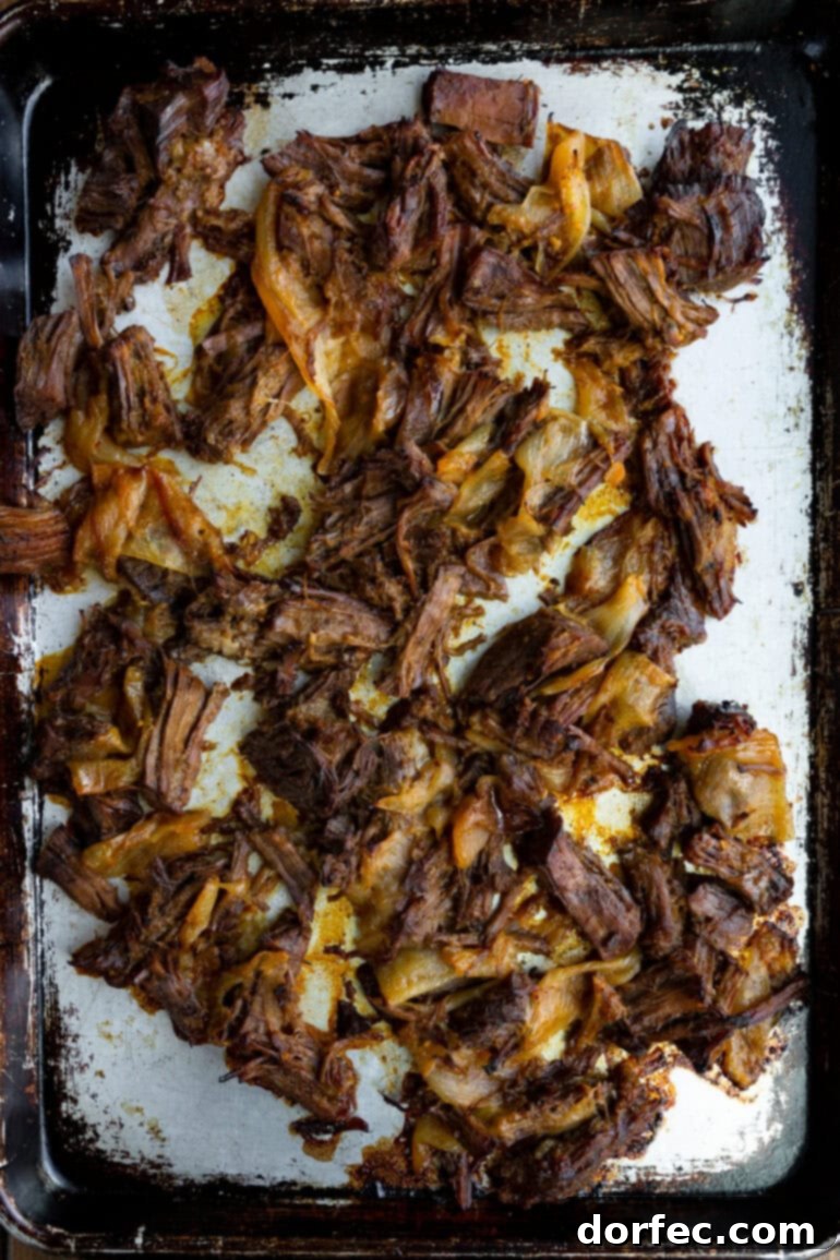 Shredded beef being transferred from the Dutch oven to a baking sheet for crisping.
