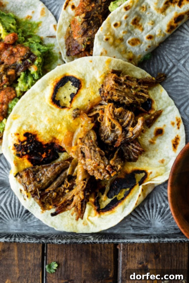 A warm flour tortilla topped with a generous portion of juicy, seasoned shredded beef, ready for toppings.