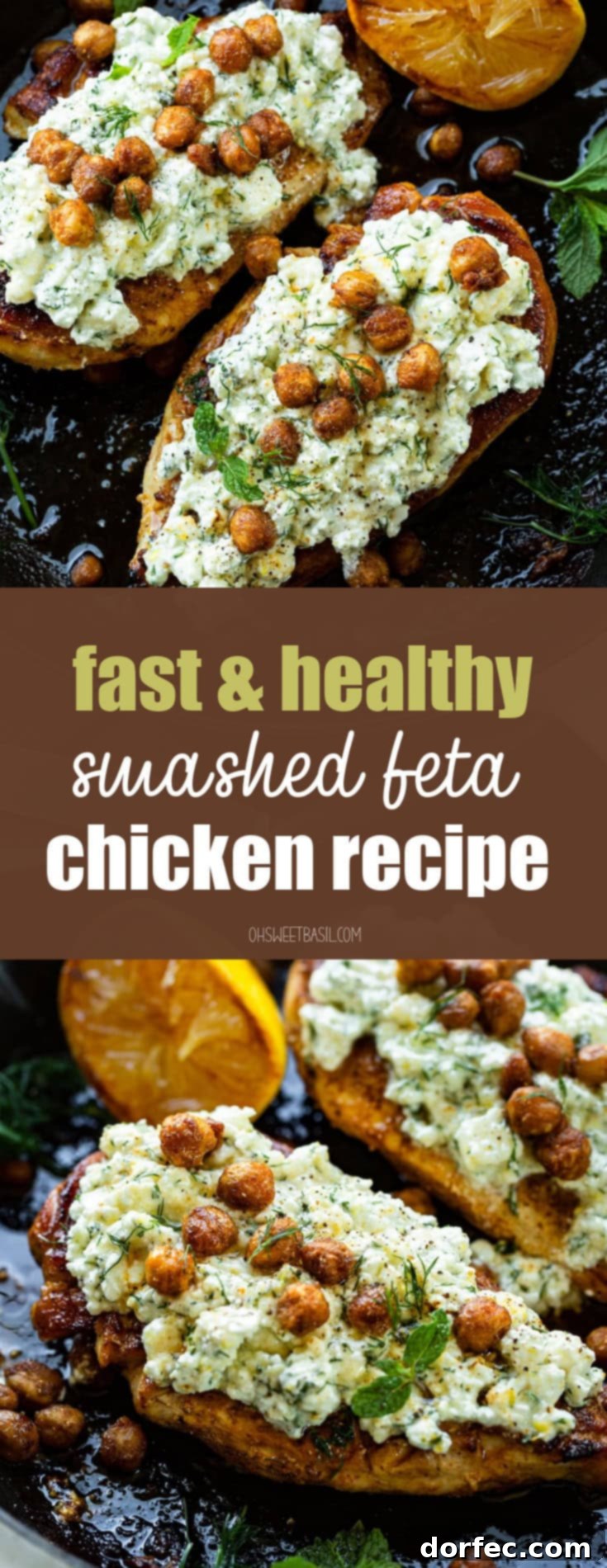 A high-angle shot of two roasted chicken breasts, beautifully presented with the creamy feta topping and a generous scattering of crunchy chickpeas, ready to be enjoyed.