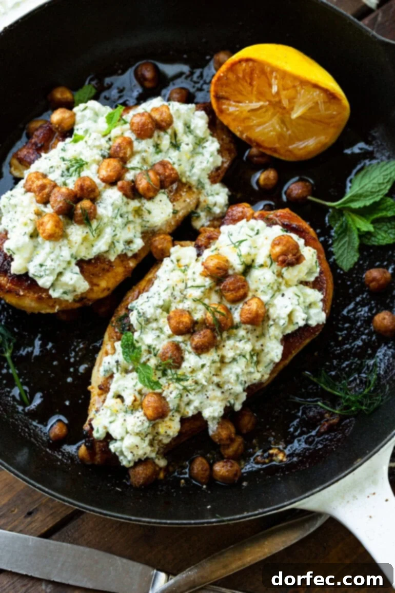 Close-up of two beautifully roasted chicken breasts topped generously with a creamy, smashed feta mixture and crispy seasoned chickpeas.