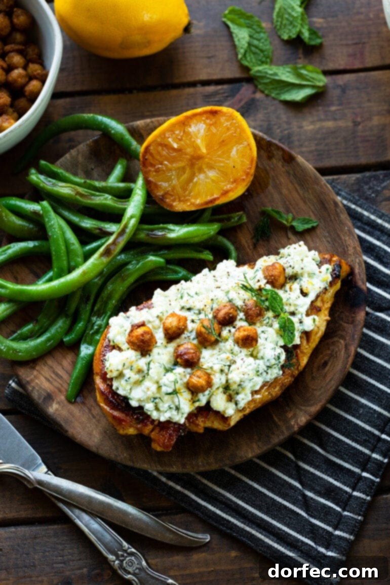 A single roasted chicken breast topped with creamy feta and crispy chickpeas, served on a rustic wooden plate with green beans and a lemon wedge.
