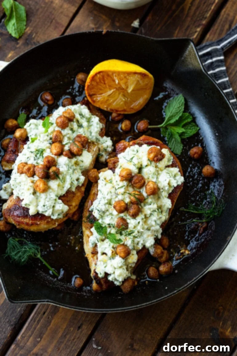 Two roasted chicken breasts in a cast iron skillet, already topped with the creamy smashed feta and a generous sprinkle of crispy roasted chickpeas.