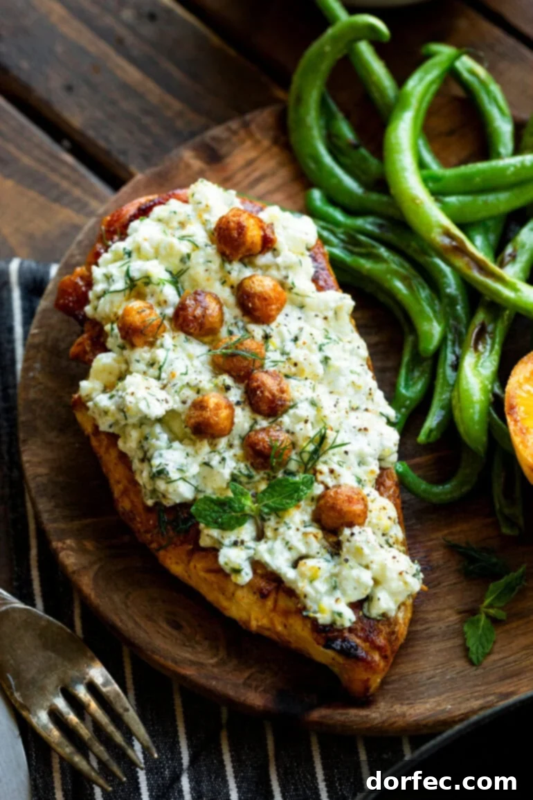 A close-up of a perfectly cooked chicken breast adorned with the creamy herbaceous feta and a crunchy layer of seasoned roasted chickpeas.