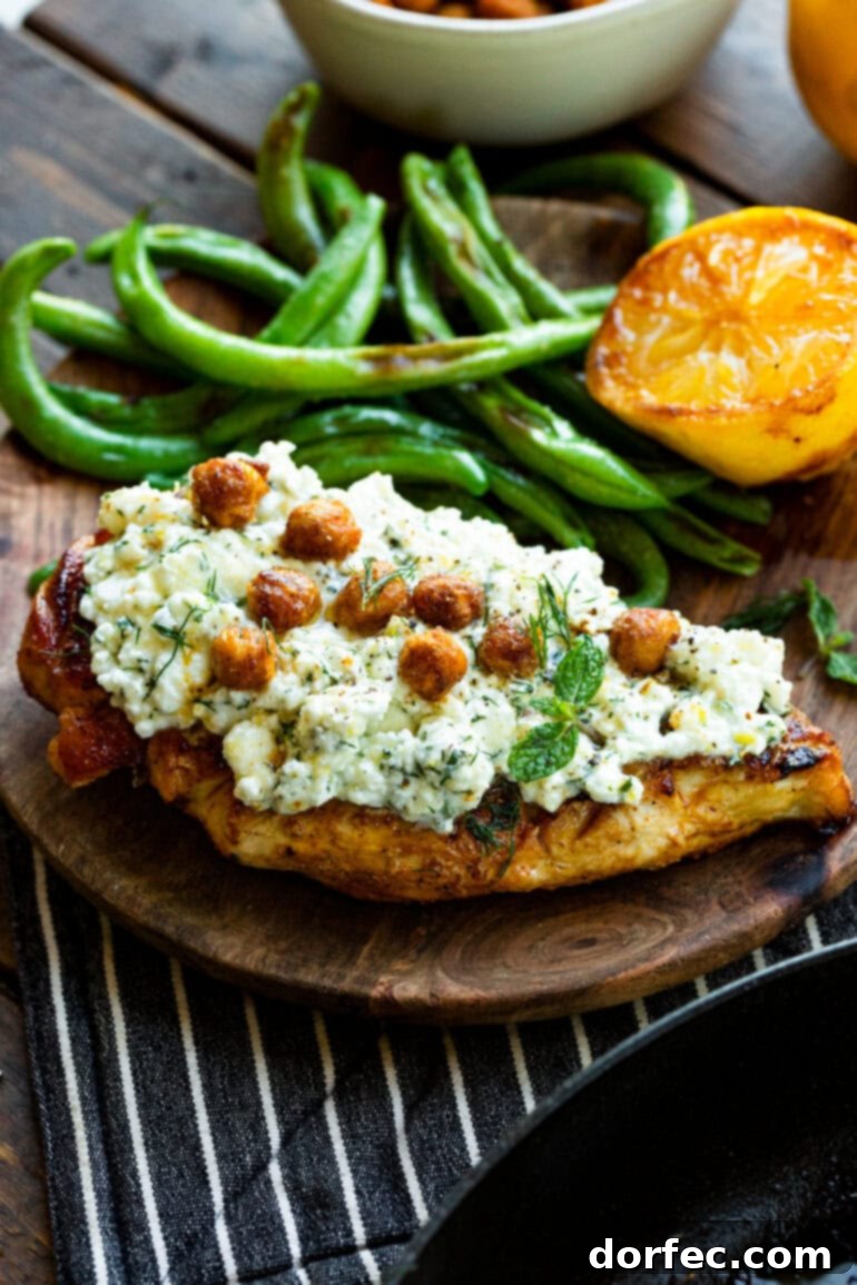 A single roasted chicken breast topped with the creamy feta and crispy chickpeas, resting on a wooden plate with a side of vibrant green beans.