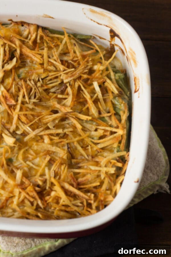 The real green bean casserole doesn't use cream of anything soup and the fried shoestring potatoes may be a new twist but it's a good one!