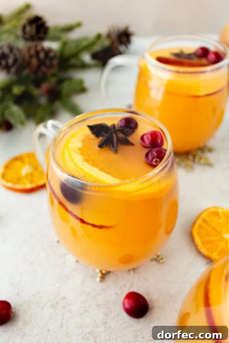 A clear glass mug of bright orange homemade Wassail, garnished with a fresh orange slice and whole cranberries. This non-alcoholic Wassail recipe, made with cloves, apples, cinnamon, lemon, orange, ginger, and nutmeg, is the perfect cozy version of apple cider.