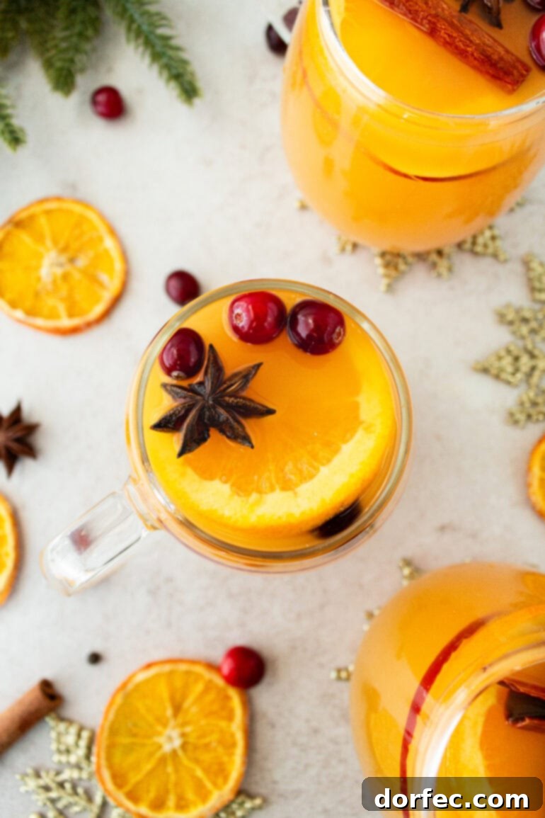 A selection of clear glass mugs, each filled with steaming homemade Wassail. This delicious and easy Wassail recipe, made with festive spices and fruit juices, is the perfect warm drink for any winter gathering, bringing joy and comfort to all.