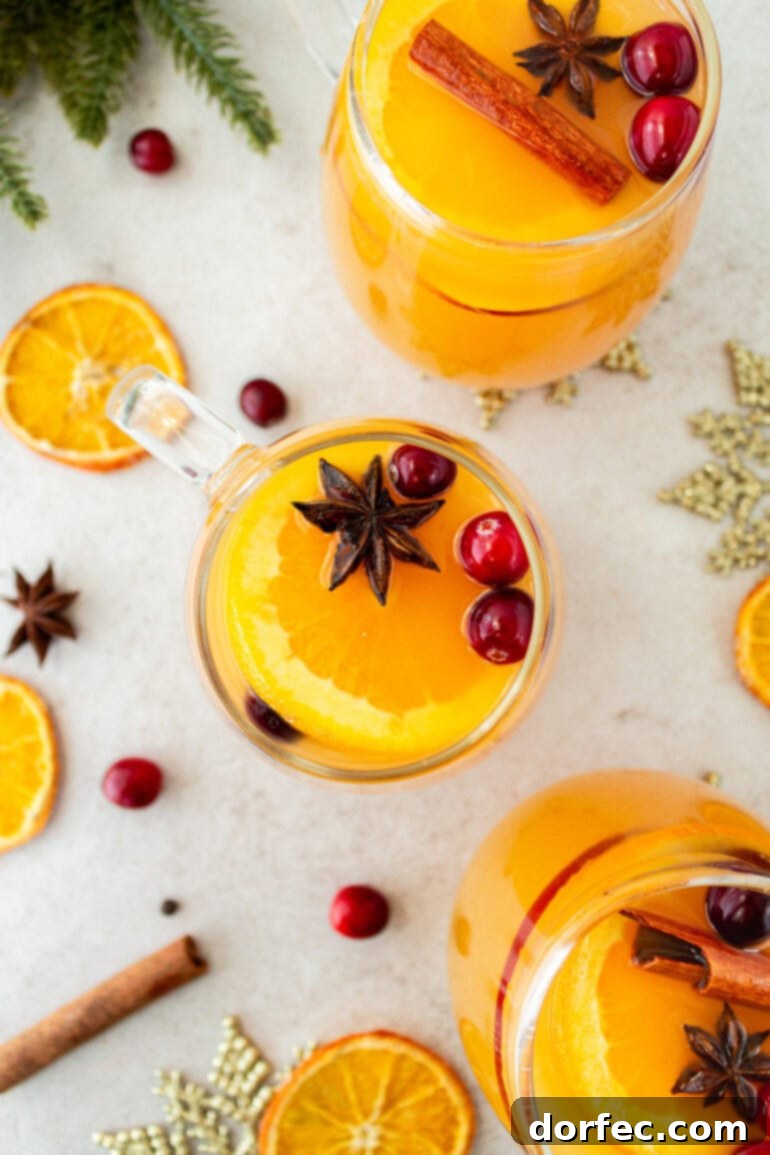 A photo taken over the top of several glass mugs filled with steaming homemade Wassail, adorned with festive garnishes. This easy Wassail recipe, packed with flavorful spices and citrus, is perfect for cozy nights in or lively holiday gatherings, bringing warmth and cheer.