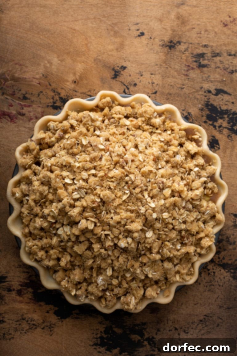 A Dutch Apple Pie, its surface generously covered with a rich, nutty crumble topping, poised and ready to be baked in the oven to golden perfection.