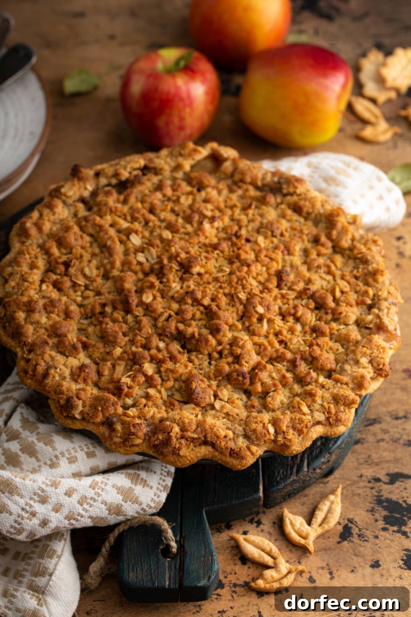A perfectly baked Dutch Apple Pie, its golden-brown crumble topping invitingly crisp, resting on a pristine white tea towel. The warmth and aroma are almost palpable.