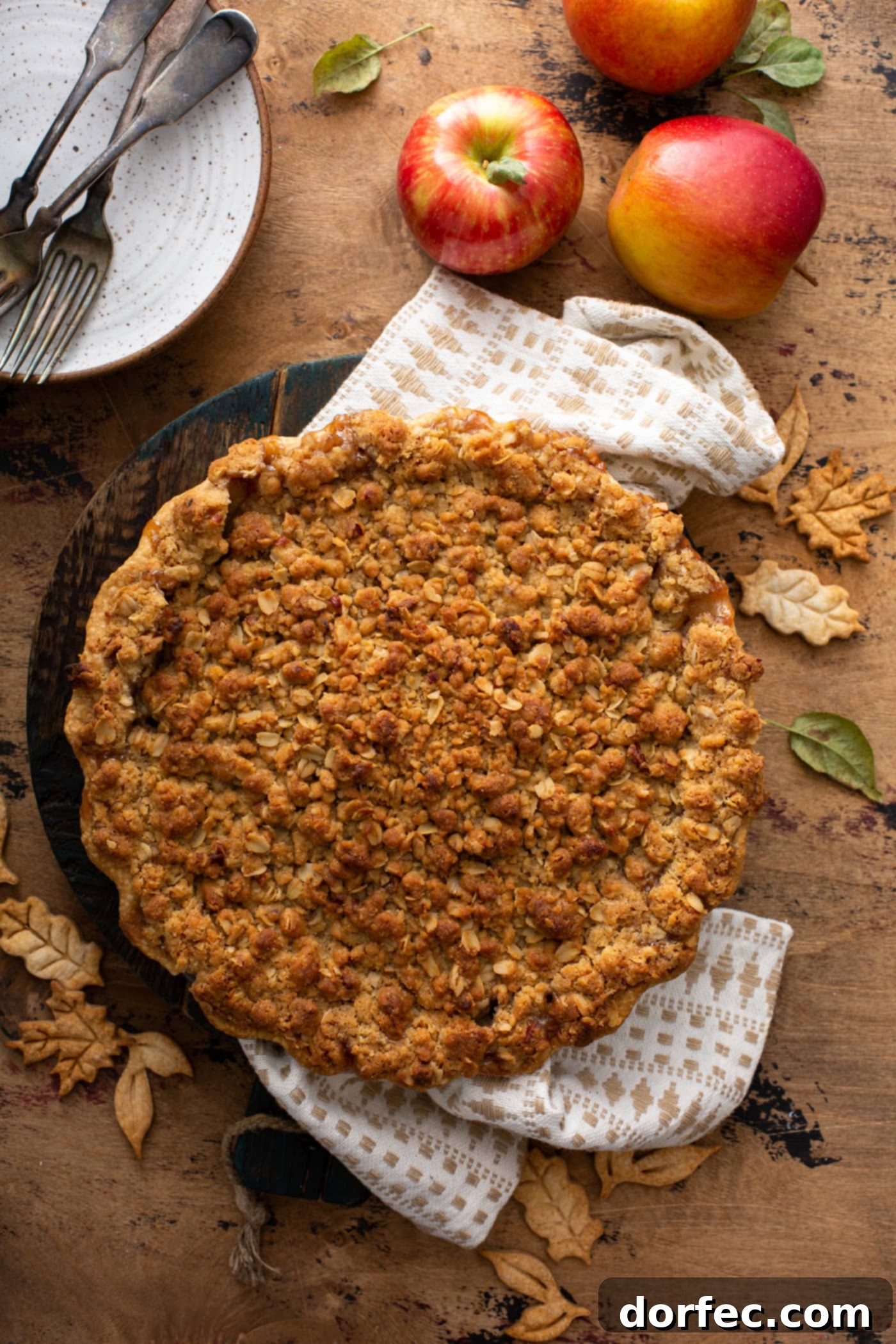 A beautifully baked Dutch apple pie with a golden-brown, perfectly crumbled topping. The pie sits on a white tea towel, with fresh apples and a dessert plate gently blurred in the background.