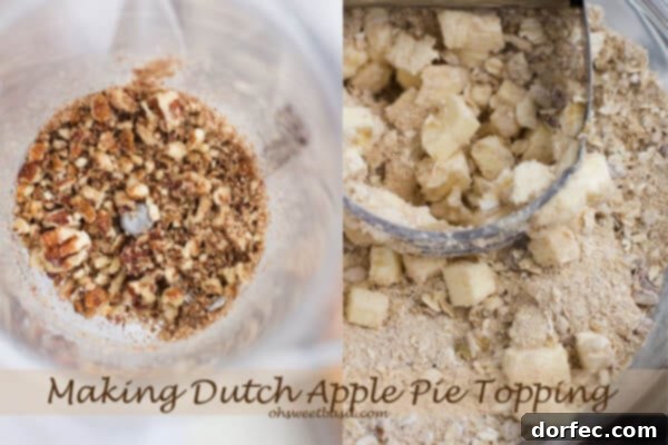 A delicious slice of Dutch Apple Pie with a rich White Chocolate Butter Sauce drizzle. A true showstopper dessert!