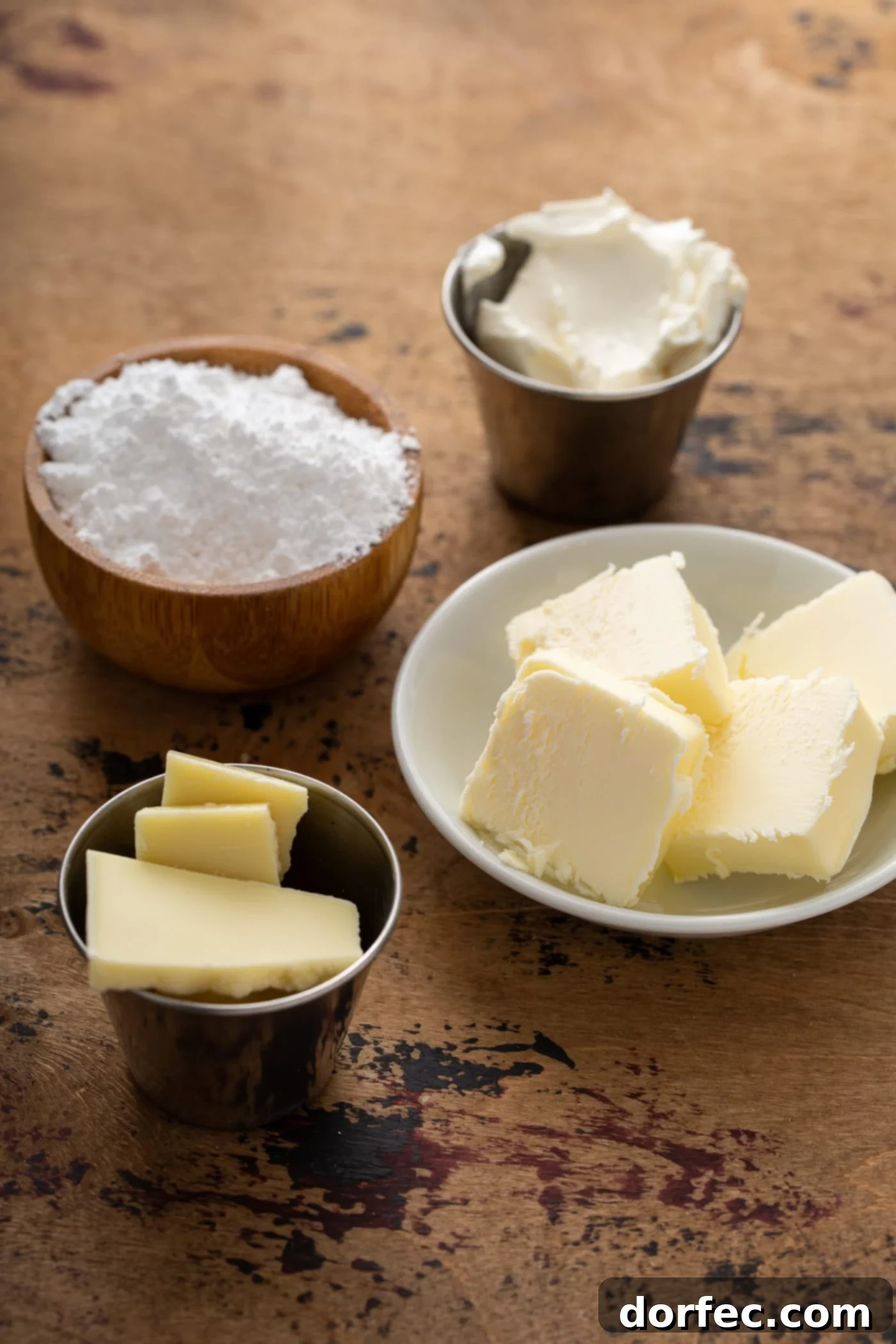 Various containers filled with pre-measured ingredients for the white chocolate butter sauce: pats of cold butter, powdered sugar, softened cream cheese, and white chocolate melts.
