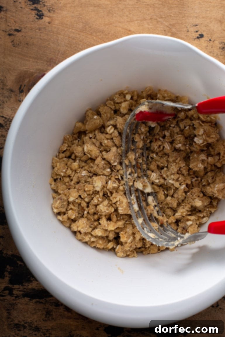 A bowl of Dutch Apple Pie topping, a delightful mixture of flour, oats, brown sugar, and pecans, being expertly cut together with cold butter using a pastry cutter.