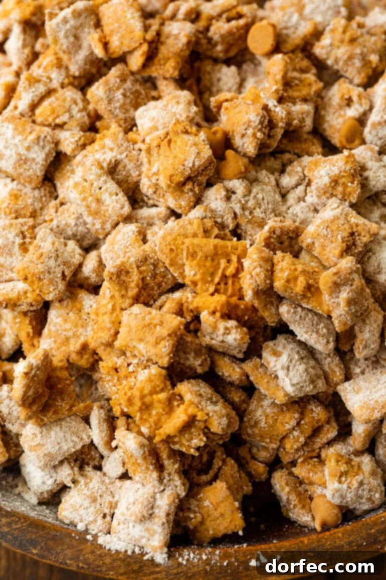 Double Peanut Butter Puppy Chow 3 Rice Chex coated in peanut butter and powdered sugar