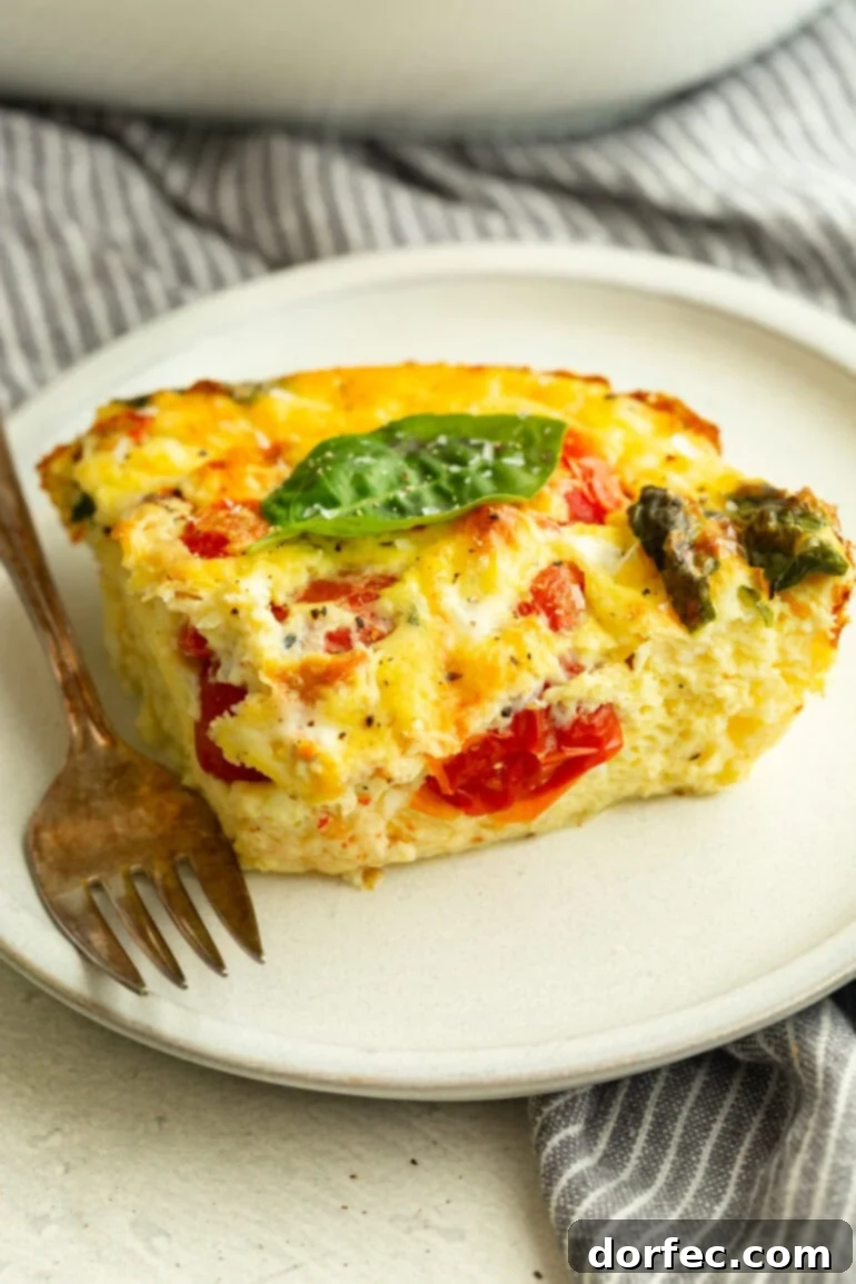 High-Protein Cottage Cheese Breakfast Bake 2 Fluffy egg casserole with basil and tomatoes