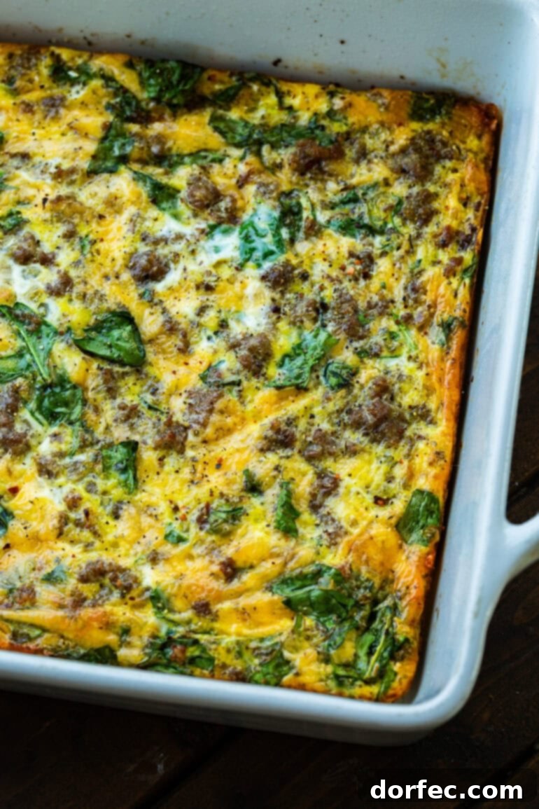 Full sausage and egg casserole in a baking dish