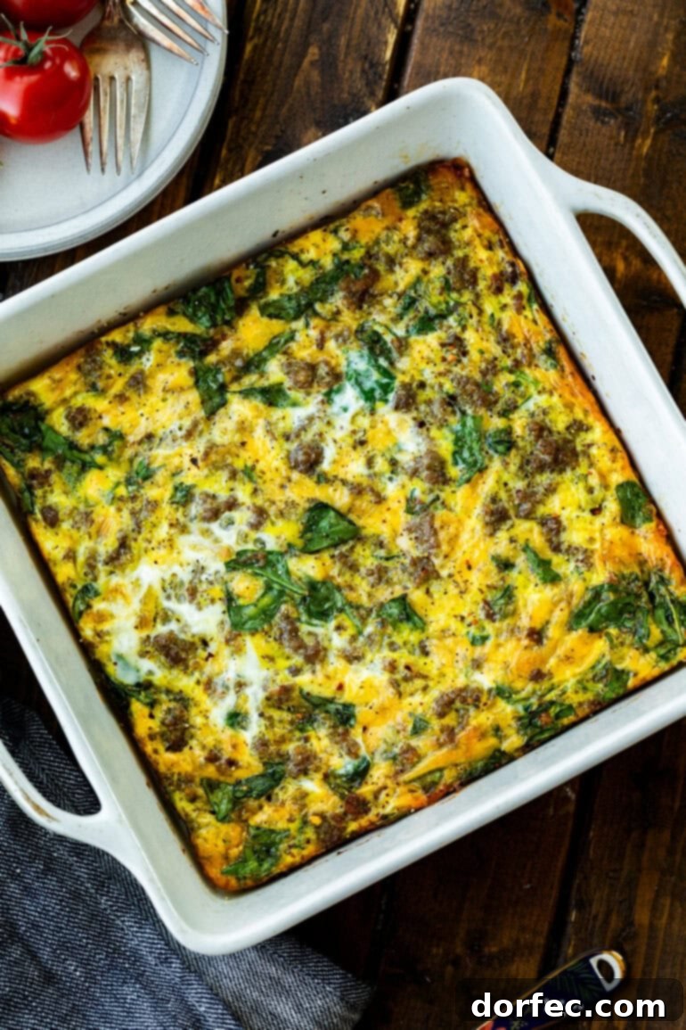 Baked sausage and egg casserole in a baking dish
