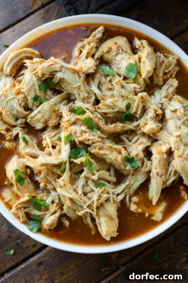 Cafe Rio Shredded Chicken: An Authentic Taste of the Southwest 2 Juicy seasoned shredded chicken in a white serving bowl